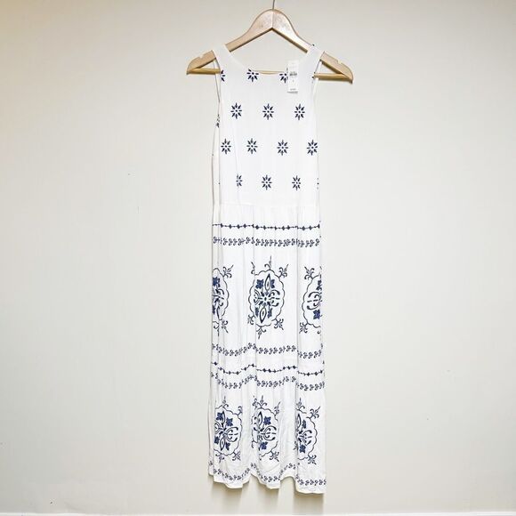 NWT Loft wavy embroidered medallion white navy maxi dress Sz S - Picture 5 of 10